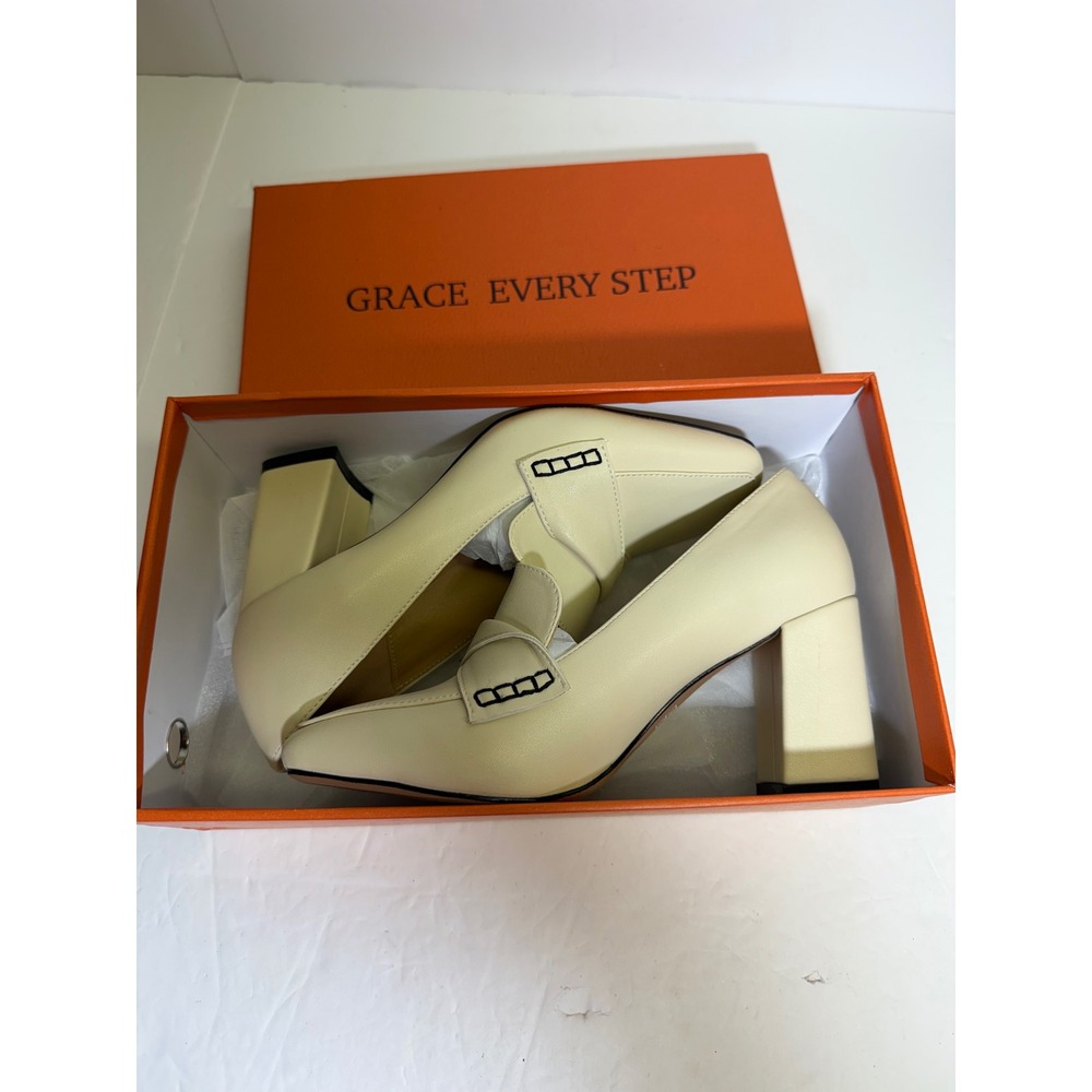 Grace Every Step Womens Cream Block Heel Loafers Square Toe Pumps Size 6 EU 36 - Picture 6 of 8